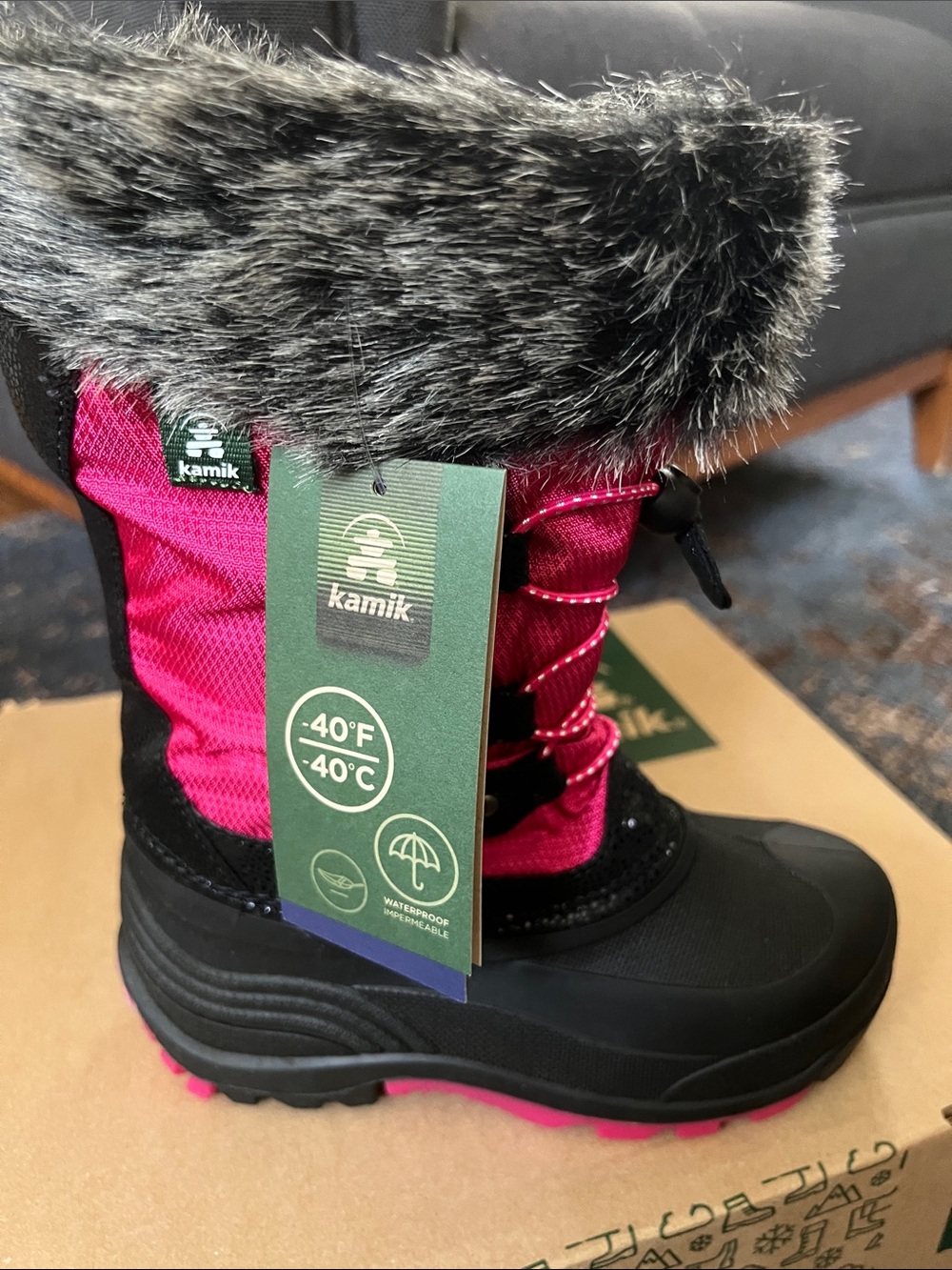 Kamik Black and Bright Pink Faux-Fur Cuff Snow Boot